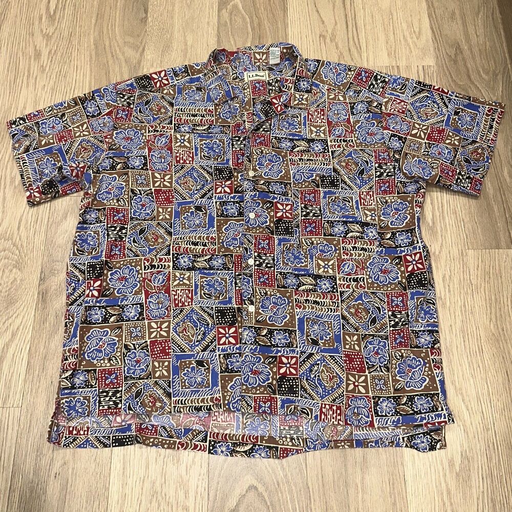 Vintage LL Bean Hawaiian Camp Shirt Mens XL Multicolor Aztec Geometric 80s 90s